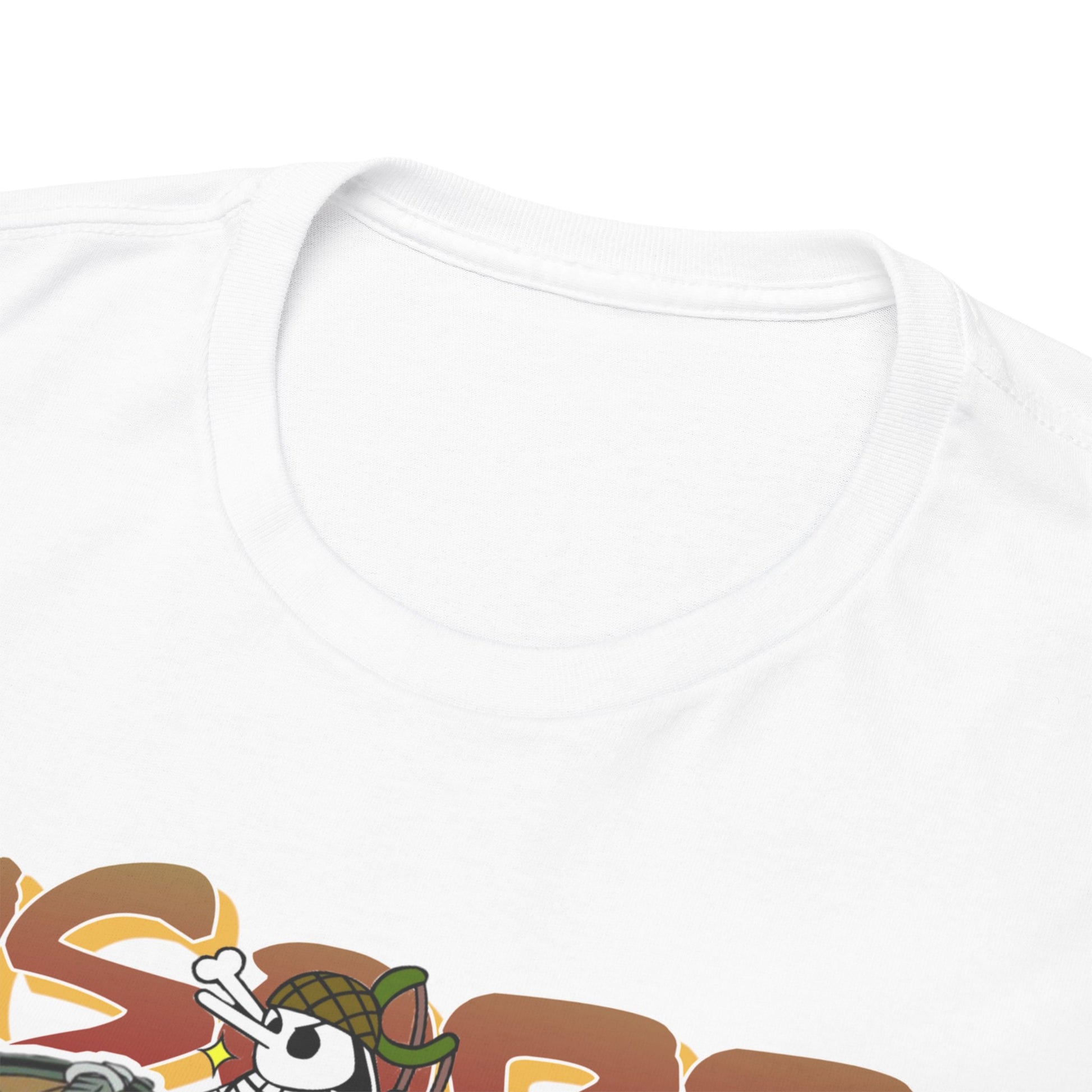 Close-up view of the collar and neckline of a luxurious white anime-themed t-shirt featuring bold, vibrant graphics.