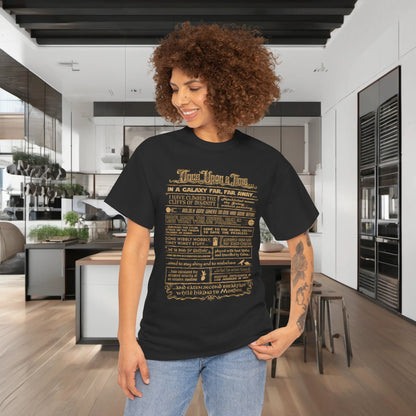 Once Upon a Time Graphic T-Shirt: Vintage unisex cotton tee featuring a galactic adventures print, displayed in a stylish setting with a model showcasing its luxurious design.