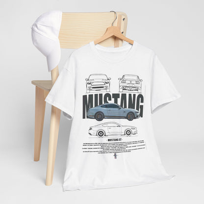 Ford Mustang GT T-Shirt featuring a detailed technical drawing of the iconic muscle car, displayed stylishly on a wooden hanger, alongside a white cap, showcasing automotive design elements.