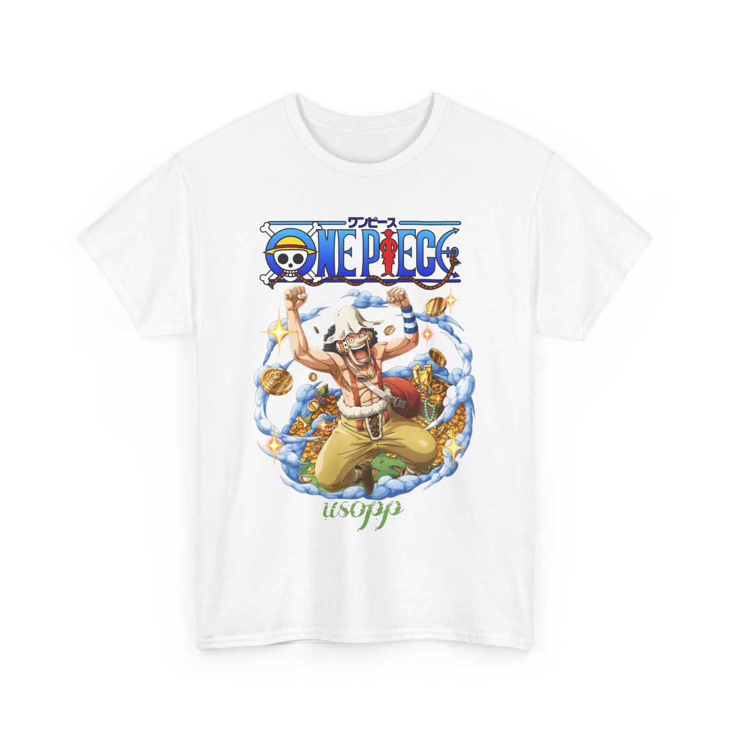 Dynamic Usopp men's t-shirt design showcasing a vibrant illustration of Usopp with clouds and golden coins, ideal for anime enthusiasts.