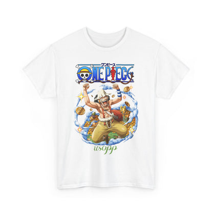Dynamic Usopp men's t-shirt design showcasing a vibrant illustration of Usopp with clouds and golden coins, ideal for anime enthusiasts.