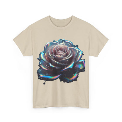 Front view of the Ethereal Rose Unisex T-Shirt in beige, adorned with an exquisite iridescent rose design.