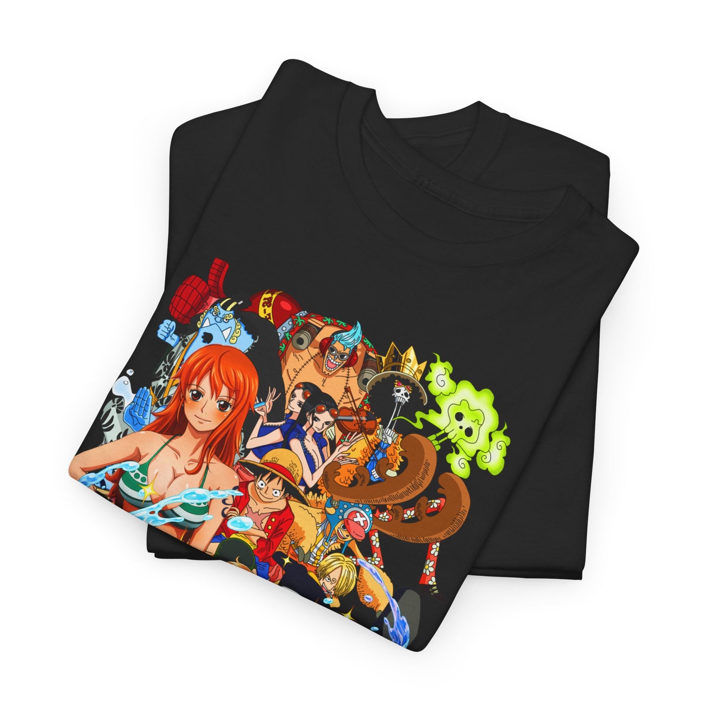 Luxury black men's t-shirt featuring a vibrant Nami graphic from One Piece, showcasing intricate anime art with a bold design.