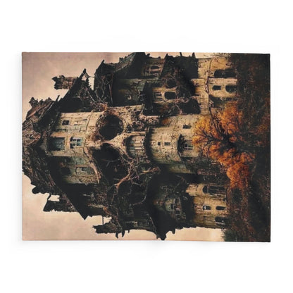 Elegant view of the Decorative and Warm Halloween Spooky Arctic Fleece Blanket showcasing a gothic style haunted house.