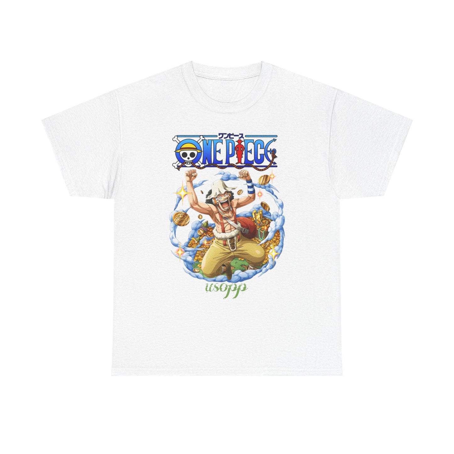 Sophisticated white t-shirt showcasing Usopp from One Piece in a jubilant stance amidst vibrant clouds and golden treasures, a perfect blend of anime artistry and stylish design.