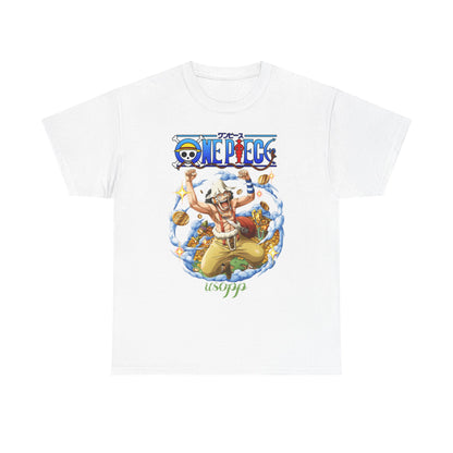 Sophisticated white t-shirt showcasing Usopp from One Piece in a jubilant stance amidst vibrant clouds and golden treasures, a perfect blend of anime artistry and stylish design.