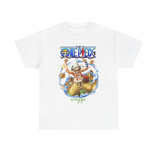 Sophisticated white t-shirt showcasing Usopp from One Piece in a jubilant stance amidst vibrant clouds and golden treasures, a perfect blend of anime artistry and stylish design.