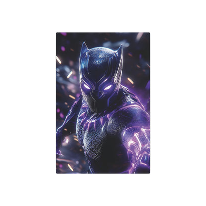 Stunning Black Panther Metal Art Poster showcasing a sleek depiction of the Black Panther in a vibrant purple hue, embodying elegance and fierce beauty for luxurious home décor.