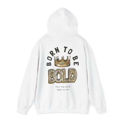 Luxury white hoodie featuring a striking back print with the phrase 'BORN TO BE BOLD', adorned with a golden crown and sparkling jewels, ideal for making a bold fashion statement.