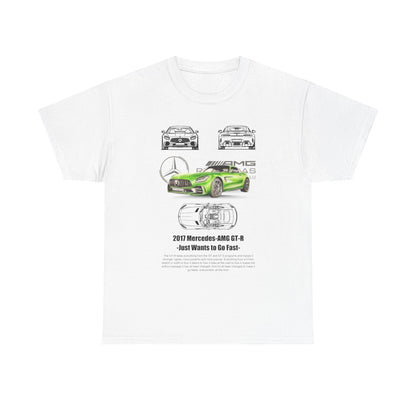 Premium white T-shirt featuring a vibrant green Mercedes-AMG GT-R design with detailed line art and the phrase 'Just Wants to Go Fast'.