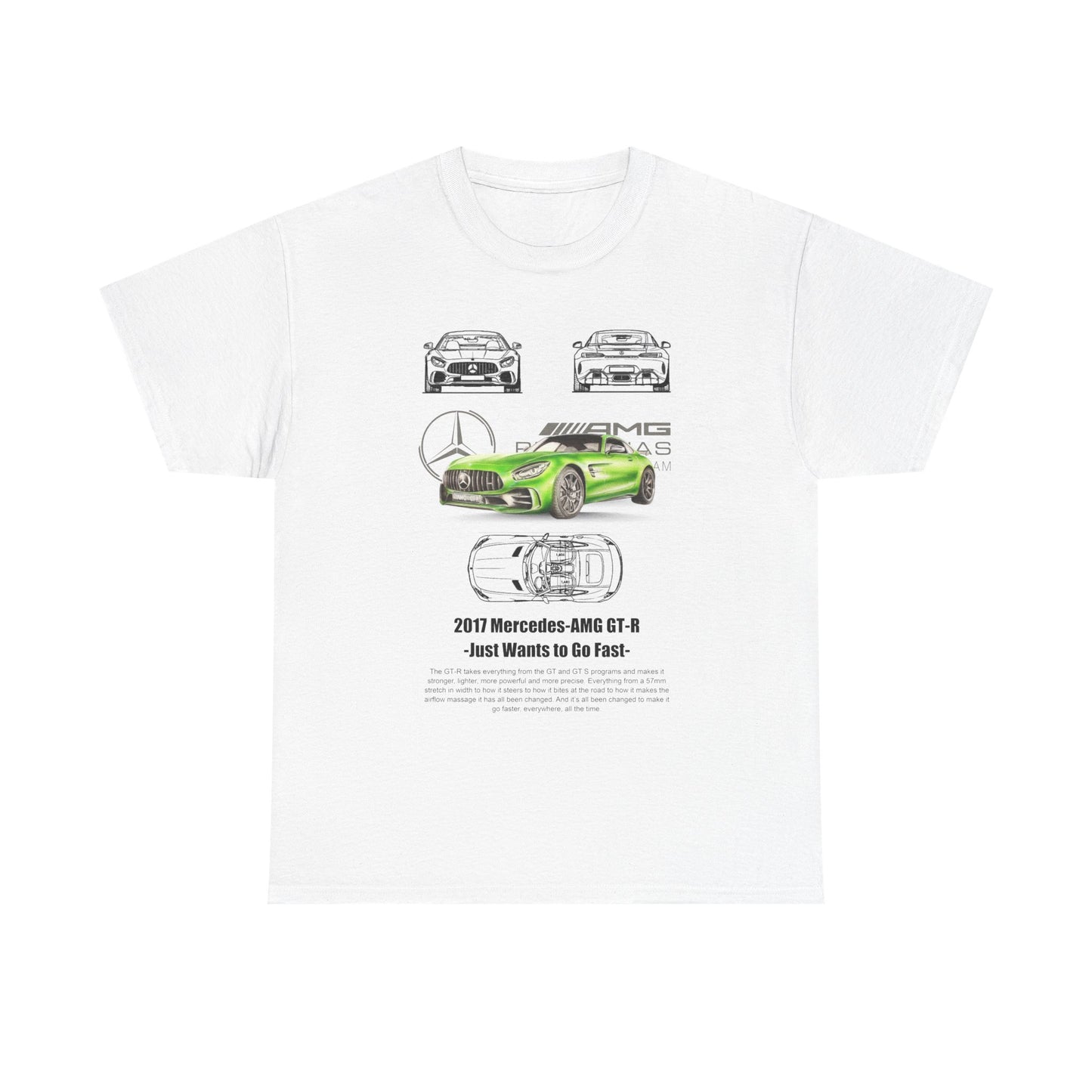 Front view of the Men's Mercedes-AMG GT-R Speed Enthusiast T-Shirt in white, featuring a vibrant green 3D illustration of the Mercedes-AMG GT-R sports car along with detailed line drawings of its front, rear, and top profiles.