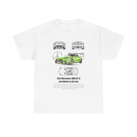 Front view of the Men's Mercedes-AMG GT-R Speed Enthusiast T-Shirt in white, featuring a vibrant green 3D illustration of the Mercedes-AMG GT-R sports car along with detailed line drawings of its front, rear, and top profiles.