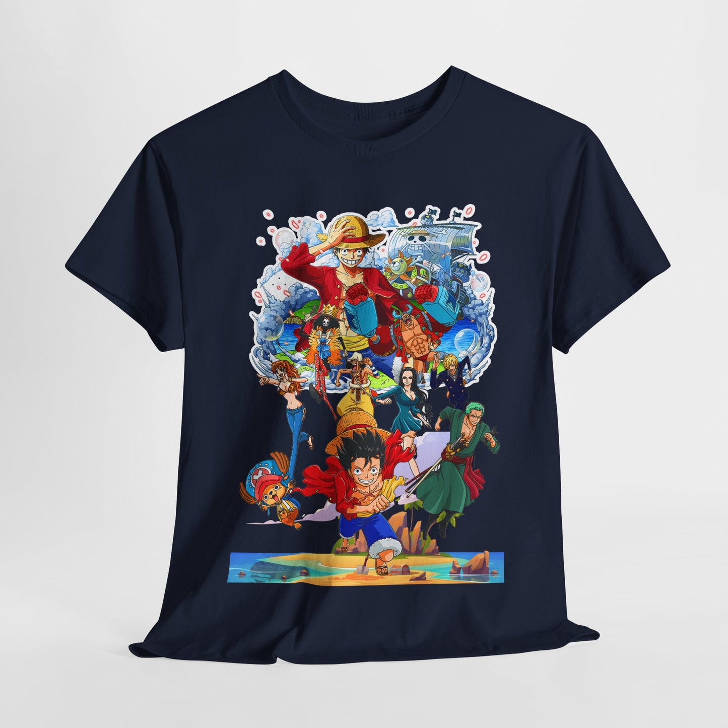 Charming front view of a luxurious men’s t-shirt adorned with a vivid anime scene, ideal for stylish fans looking to express their love for iconic characters.