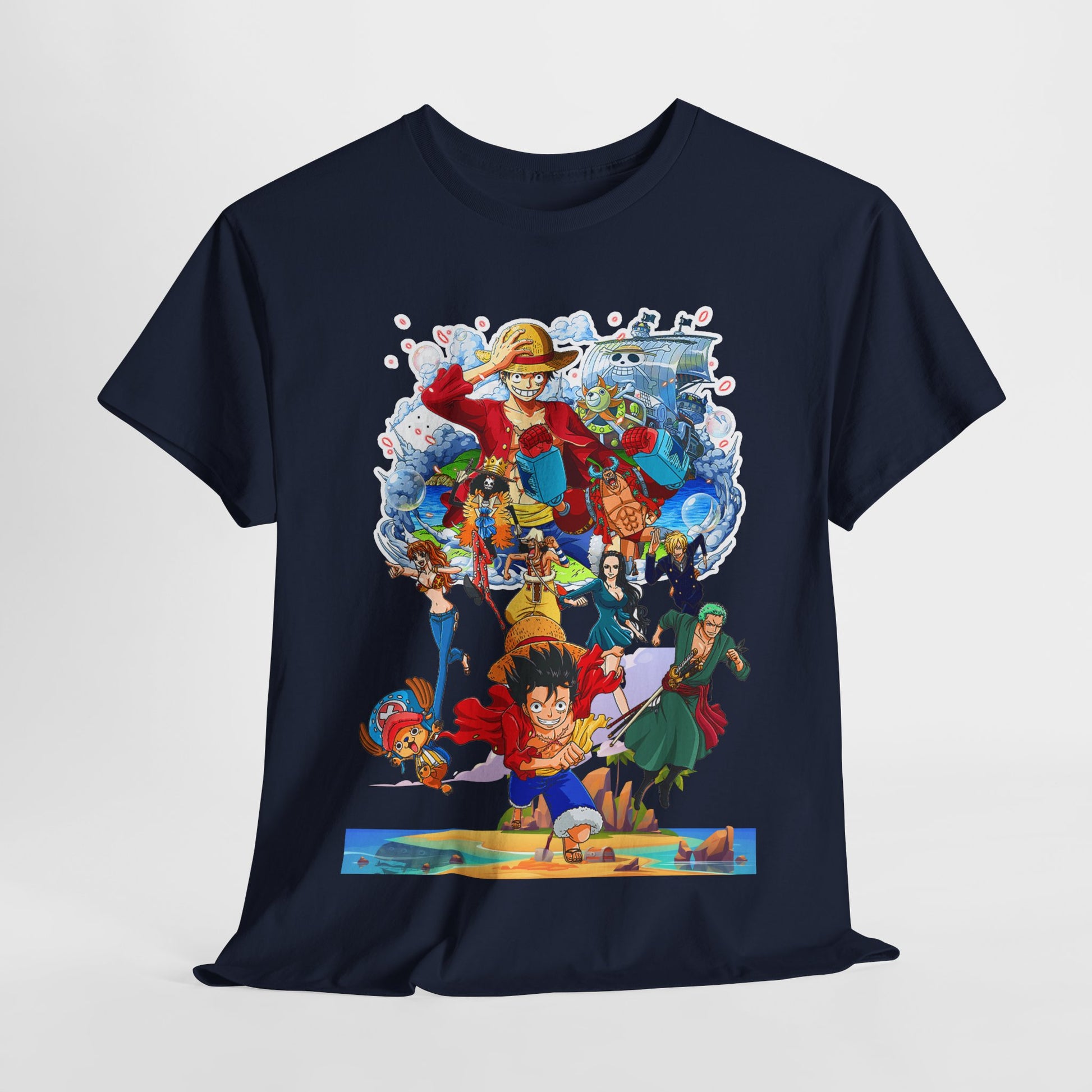 Charming front view of a luxurious men’s t-shirt adorned with a vivid anime scene, ideal for stylish fans looking to express their love for iconic characters.