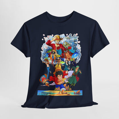 Charming front view of a luxurious men’s t-shirt adorned with a vivid anime scene, ideal for stylish fans looking to express their love for iconic characters.