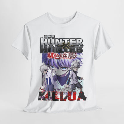 Elegant white Hunter x Hunter T-Shirt featuring dynamic graphic design of Killua and Gon, adorned with vibrant colors and Japanese text, perfect for anime enthusiasts.