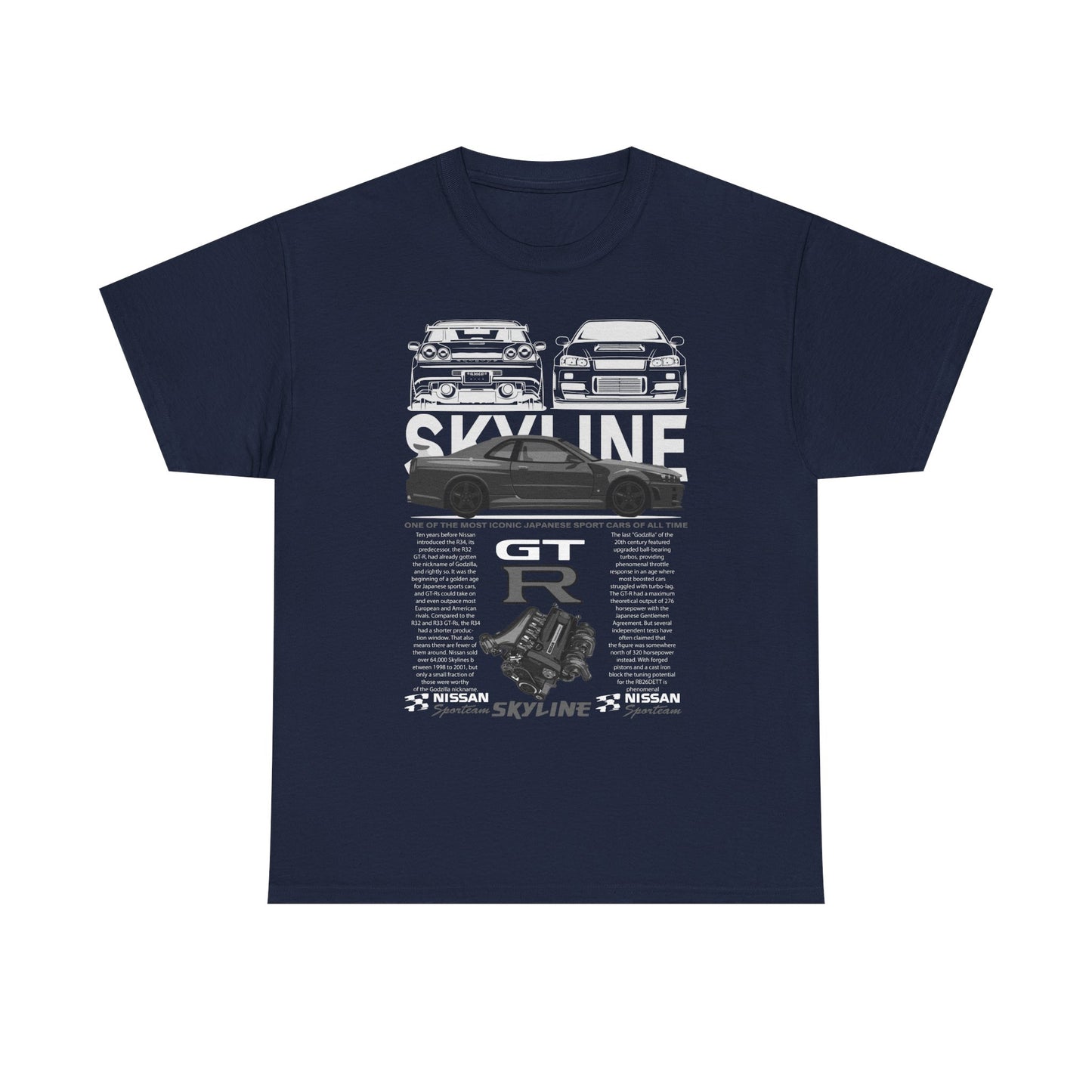 Sophisticated navy Nissan Skyline GT-R men’s t-shirt, highlighting an artistic representation of renowned sports cars paired with intricate performance details of the GT-R engine.