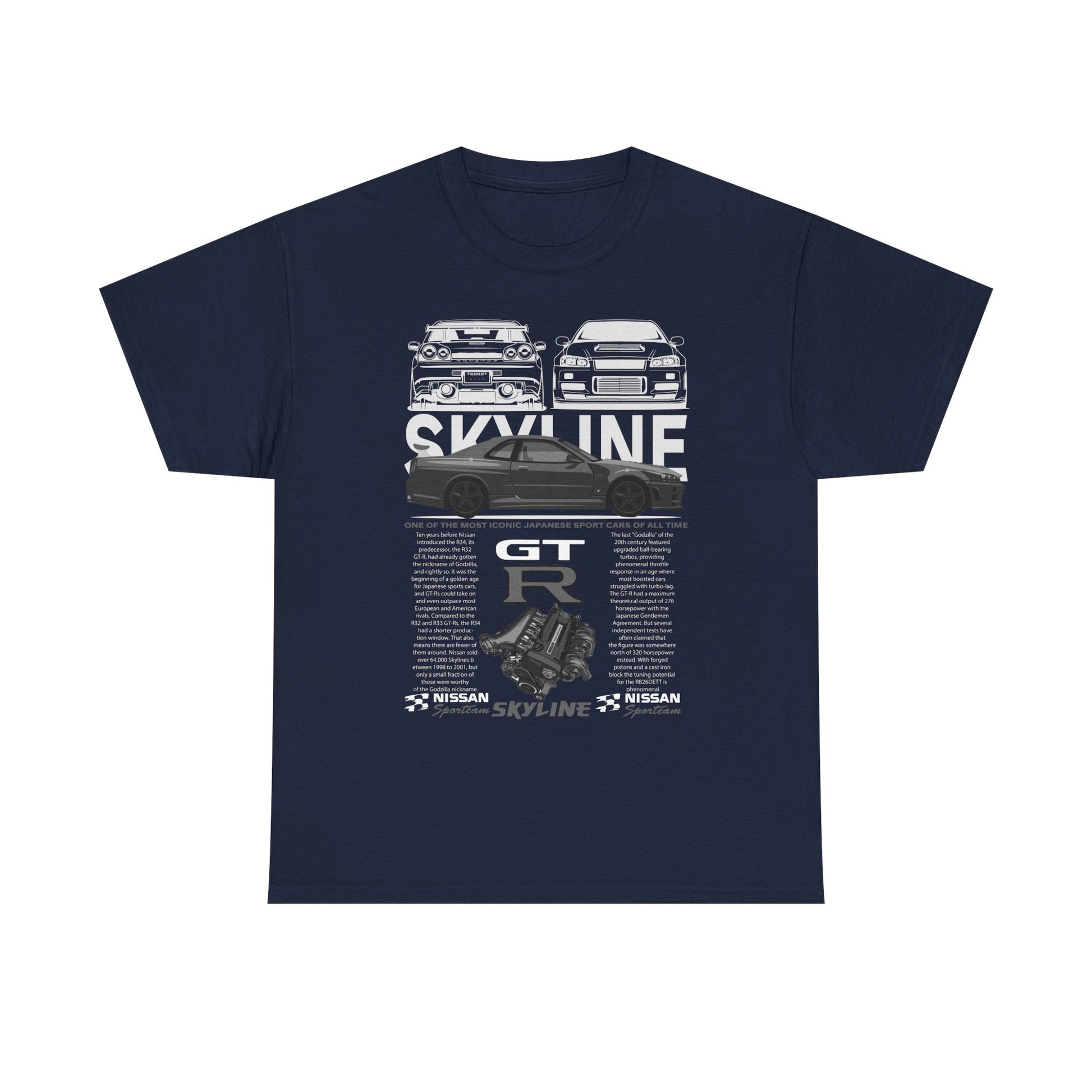 Sophisticated navy Nissan Skyline GT-R men’s t-shirt, highlighting an artistic representation of renowned sports cars paired with intricate performance details of the GT-R engine.