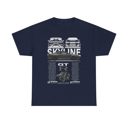 Sophisticated navy Nissan Skyline GT-R men’s t-shirt, highlighting an artistic representation of renowned sports cars paired with intricate performance details of the GT-R engine.