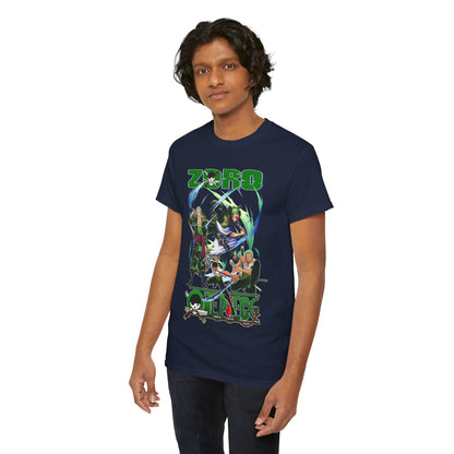 Another model elegantly wearing a navy blue anime graphic t-shirt, highlighting the intricate designs and fit that cater to anime enthusiasts.