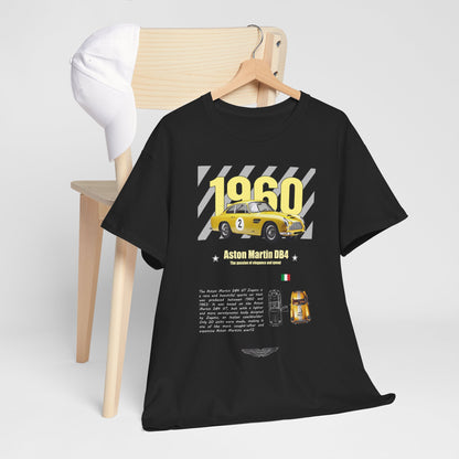 Luxury Aston Martin DB4 GT Zagato men's t-shirt featuring a vibrant yellow car graphic and 1960 text, displayed on a stylish wooden chair.