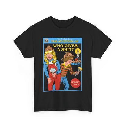 Sophisticated black t-shirt featuring a vibrant cartoon illustration from 'The Mystery of Who Gives a Shit?', portraying child detectives in a carefree yet elegant style perfect for modern luxury.