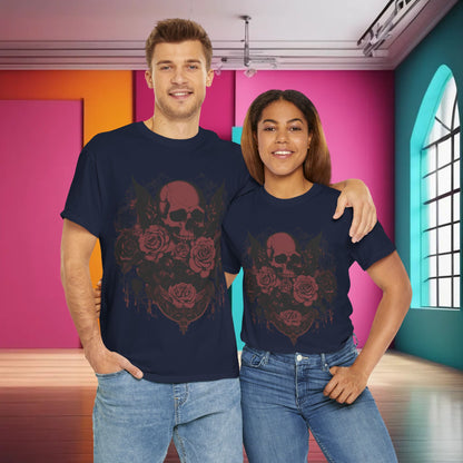 Couple modelling the Skulls and Roses Cotton Tee, Unisex Graphic Shirt, in navy blue. The striking design combines a detailed skull and exquisite roses, embodying a luxurious alternative fashion statement.