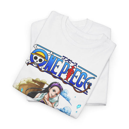 Stacked white men's t-shirts showcasing an elegant graphic of Nico Robin from One Piece, ideal for fashion-forward anime fans seeking quality and style.