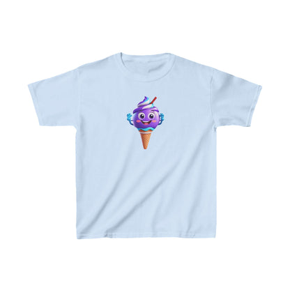 Unisex Delighted Ice Cream Graphic Cotton Tee showcasing an adorable cartoon ice cream cone design on a fresh pastel blue background, ideal for trendy young wardrobes.