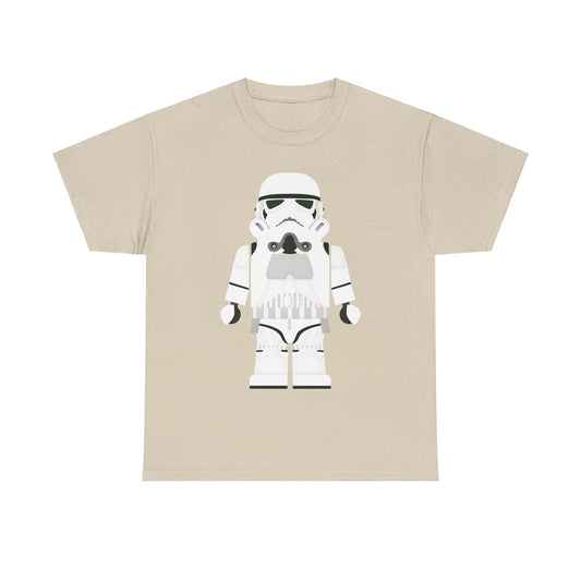 Galactic Icons LEGO Stormtrooper T-Shirt - Stylish unisex graphic tee in beige showcasing a playful LEGO Stormtrooper illustration.
