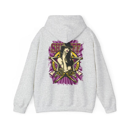 Sophisticated grey hoodie with a bold back print showcasing a powerful female sheriff illustration, featuring crossed revolvers and dramatic purple and gold elements.