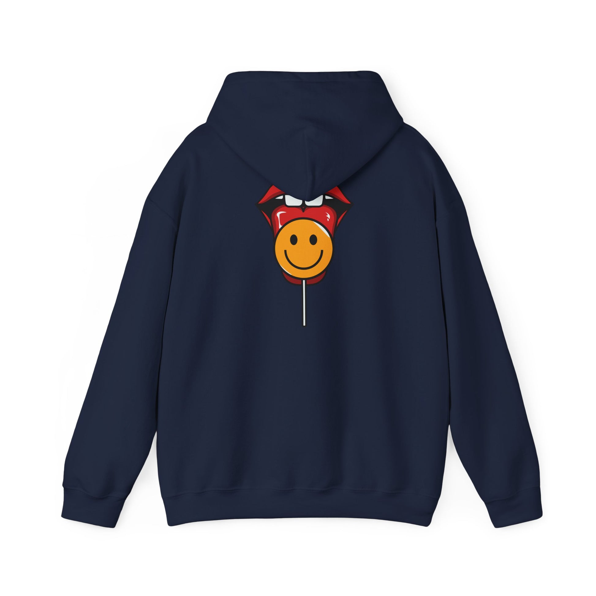 Elegant navy hoodie showcasing a bold back print design featuring a whimsical smiley face lollipop between vibrant red lips, perfect for playful fashionistas.