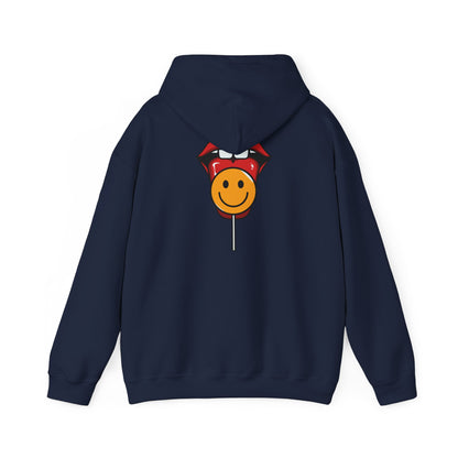 Elegant navy hoodie showcasing a bold back print design featuring a whimsical smiley face lollipop between vibrant red lips, perfect for playful fashionistas.