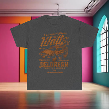 Delorean Back to the Future Graphic T-Shirt in dark grey showcasing a retro design with an illustration of the Delorean car and stylish text, ideal for adding a touch of nostalgia to your wardrobe.