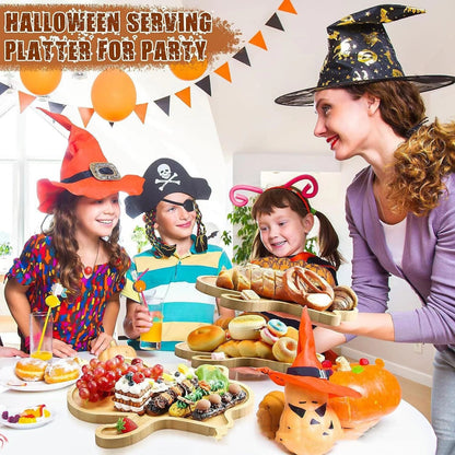 Halloween Ghost Wood Pan Plates - An elegant serving platter featuring children in Halloween costumes joyfully celebrating a party, showcasing delightful treats including fruits, pastries, and meats, perfect for festive gatherings.
