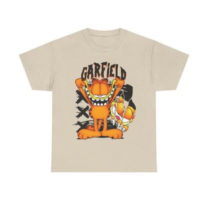 Garfield Unisex Graphic T-Shirt - Vibrant Cartoon Design showcasing a jubilant Garfield character against a chic beige backdrop, perfect for stylish casual wear.