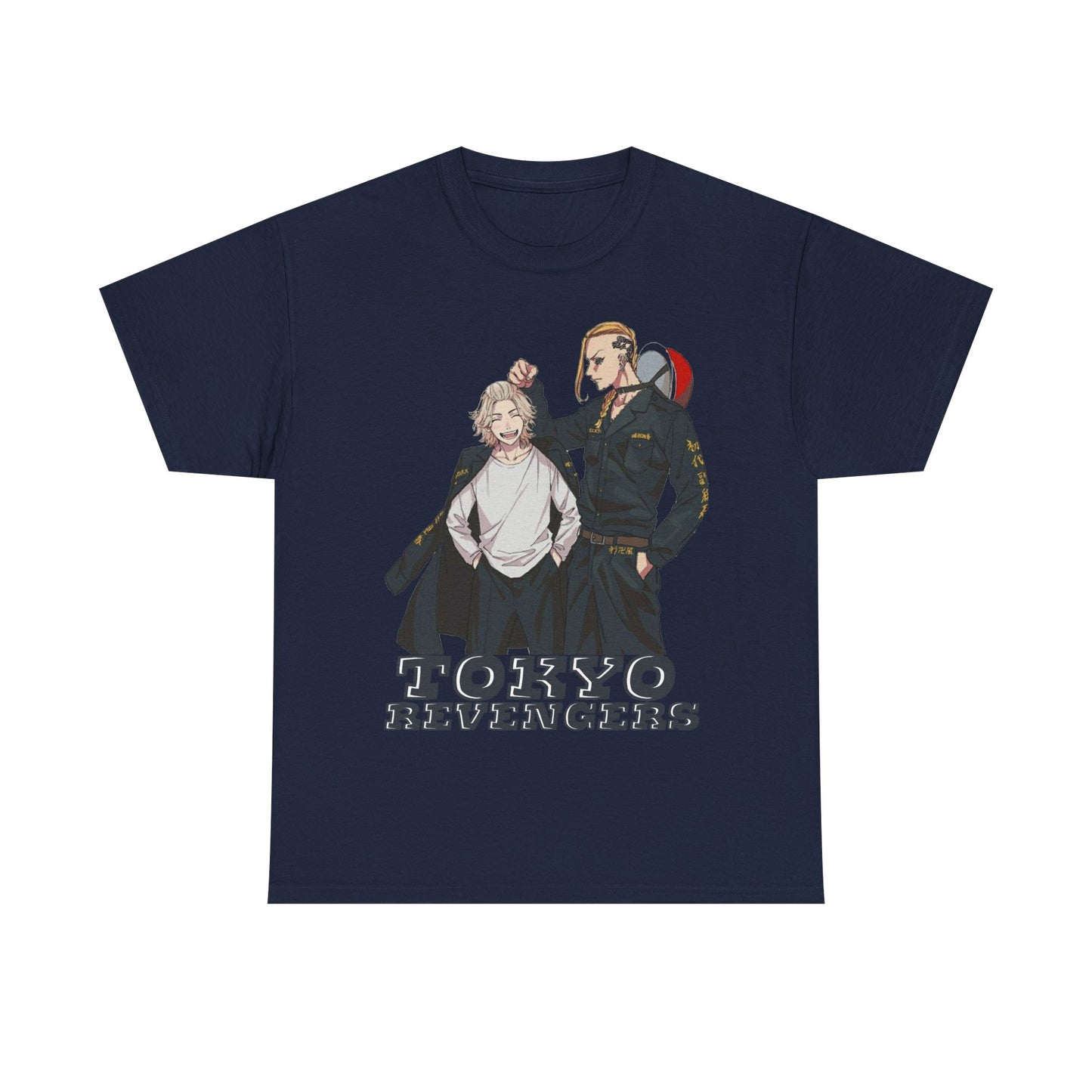 Stylish Tokyo Revengers anime men's t-shirt in navy blue, displaying a striking illustration of two characters and the iconic 'Tokyo Revengers' logo, perfect for elevating casual wardrobes.