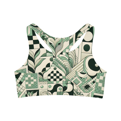 Close-up of the luxurious Vivienne Lacroix Checkerboard Sports Bra in pastel green, highlighting premium fabric blend by Dazzling Dreams Studio for ultimate comfort.