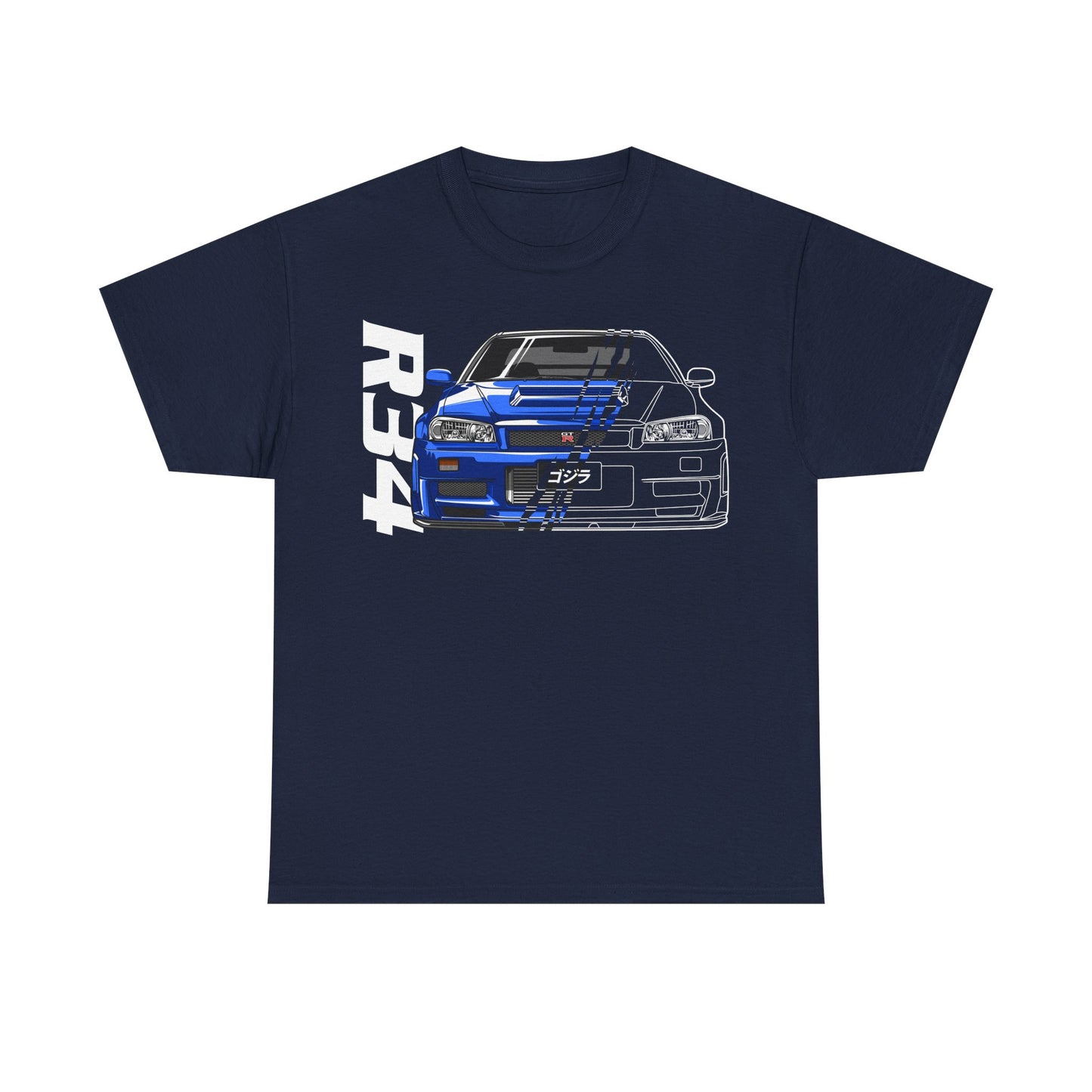 Chic navy blue men's t-shirt displaying a sophisticated blue Nissan Skyline GT-R illustration, ideal for casual outings and car shows.