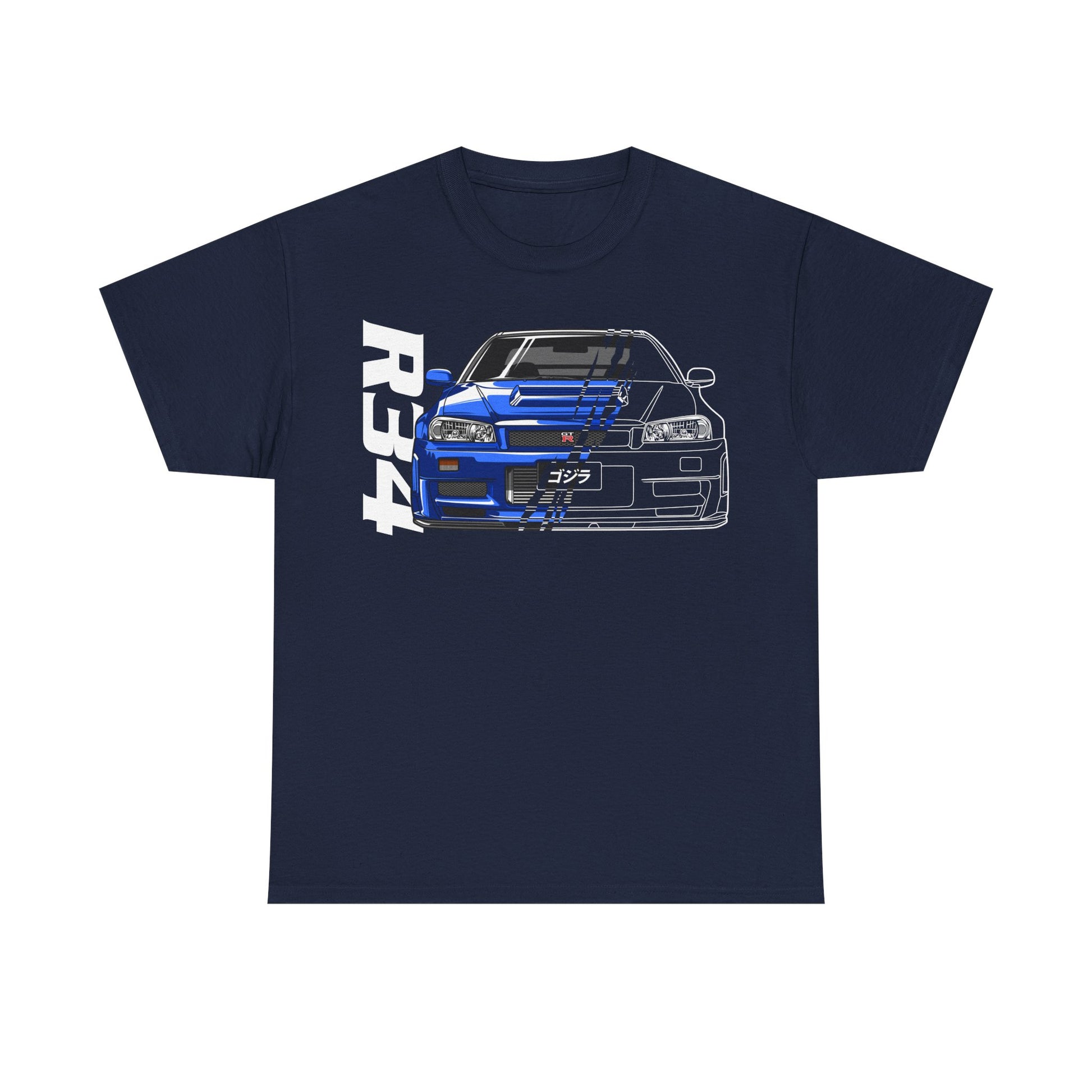 Chic navy blue men's t-shirt displaying a sophisticated blue Nissan Skyline GT-R illustration, ideal for casual outings and car shows.