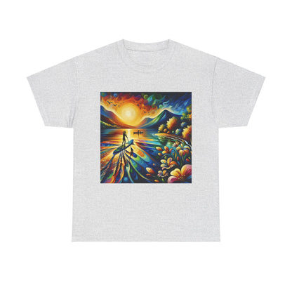 Close-up of premium fabric and design features on a paddle boarding T-shirt from Dazzling Dreams Studio, perfect for outdoor enthusiasts.