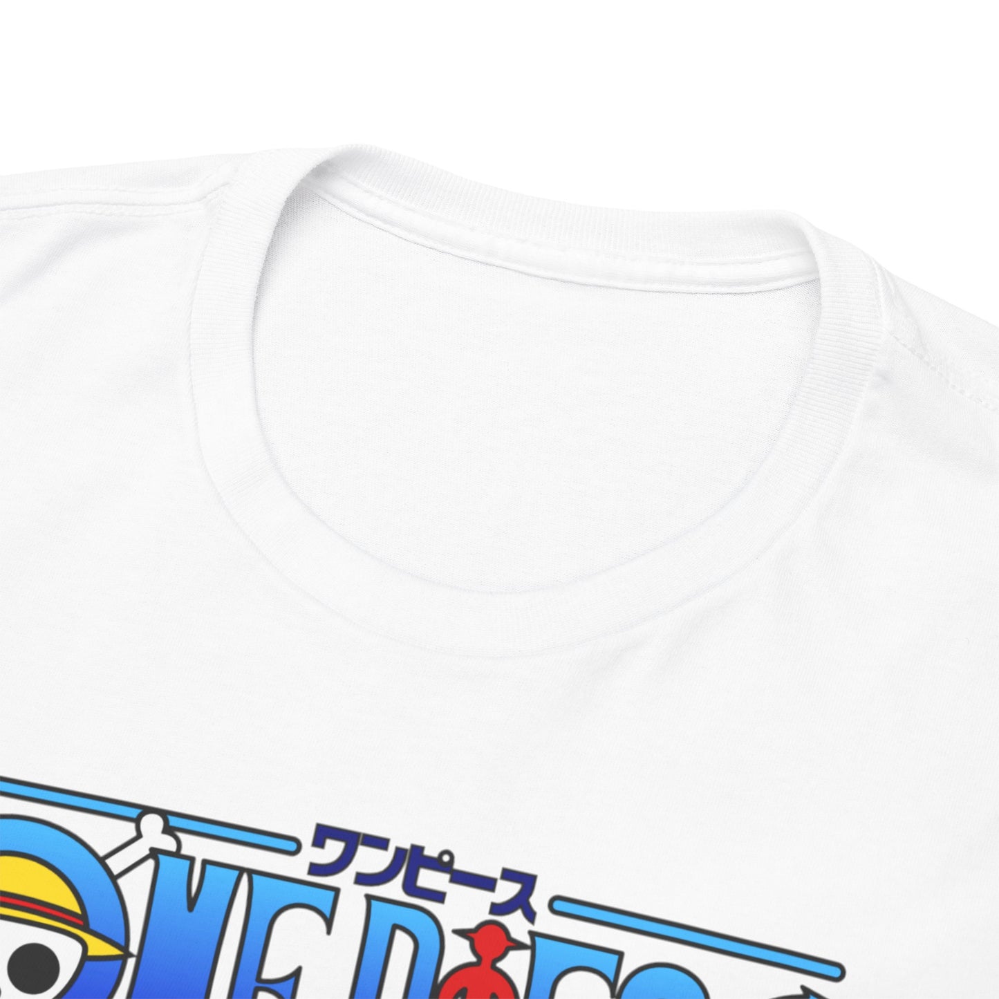 Close-up of the luxurious Epic Men’s T-Shirt neckline, featuring a stunning anime design that highlights a character surrounded by joy and treasure.