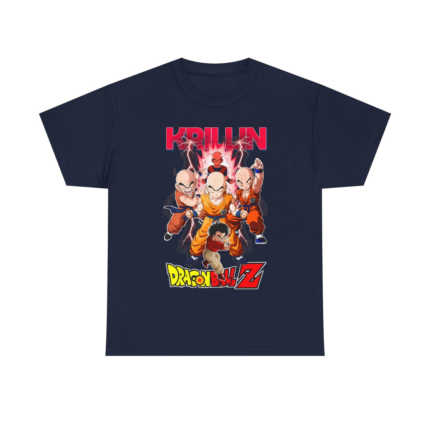 Elegant navy Dragon Ball Z T-shirt showcasing Krillin with Z Fighters in vivid, action-packed artwork, perfect for discerning anime enthusiasts.