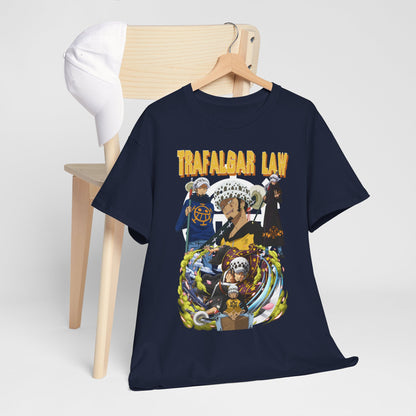 Sophisticated navy T-shirt displayed on a hanger next to a white cap, highlighting the intricate Trafalgar Law design, perfect for a fashionable look.