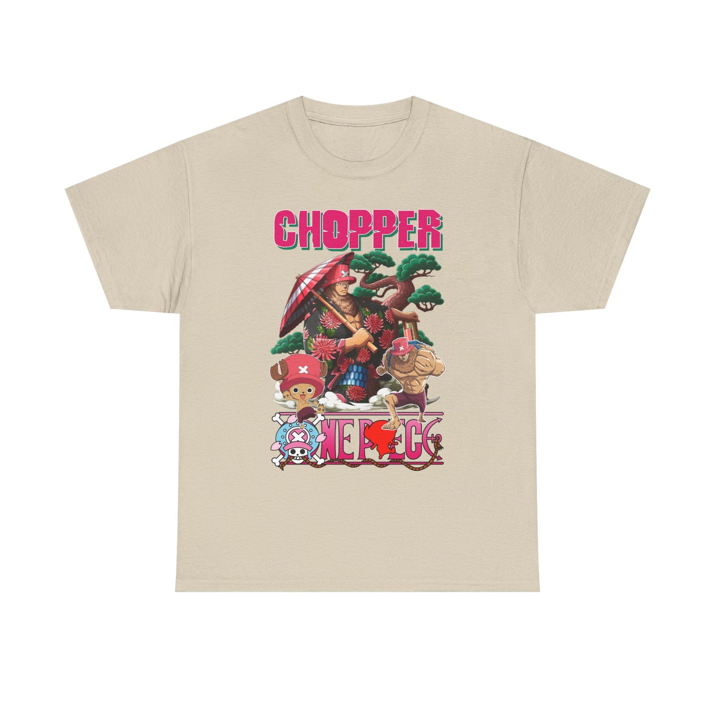 Elegant beige men's t-shirt showcasing exquisite anime graphic art of Chopper and friends, ideal for stylish fashion aficionados.