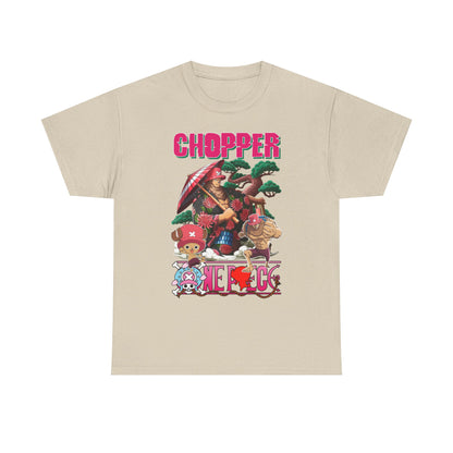 Elegant beige men's t-shirt showcasing exquisite anime graphic art of Chopper and friends, ideal for stylish fashion aficionados.