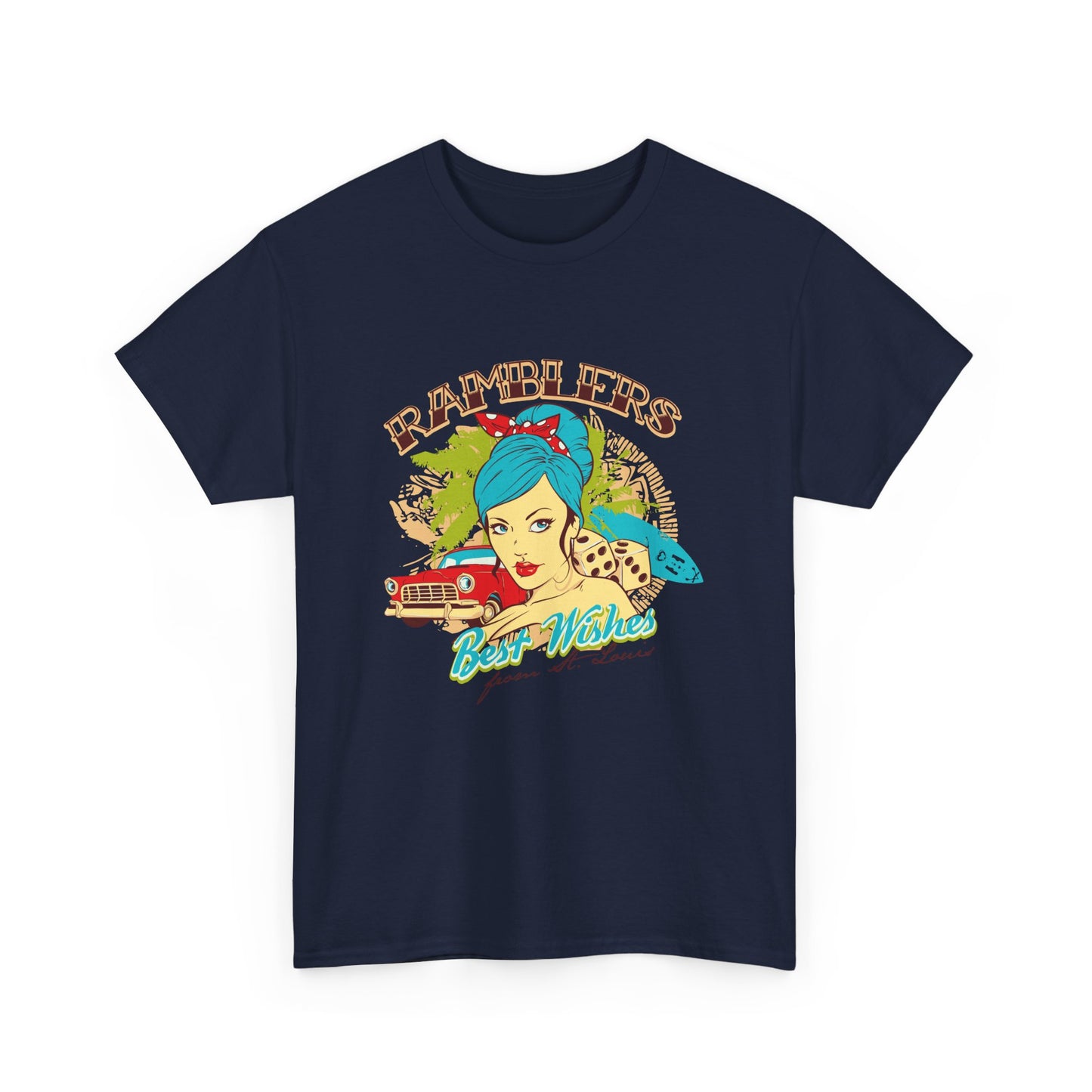 Luxurious navy blue t-shirt adorned with a vibrant pin-up graphic featuring a striking pin-up lady and a vintage car, ideal for stylish retro enthusiasts.