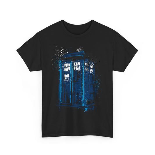 Elegant Dr Who Tardis Unisex Graphic T-Shirt showcasing an artistic blue police box against a black backdrop, ideal for fashionable adventure seekers.