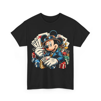 Mickey Mouse Poker Graphic Tee in black, featuring a stylish portrayal of Mickey Mouse as a poker champion with colourful poker chips and cards, perfect for game nights.