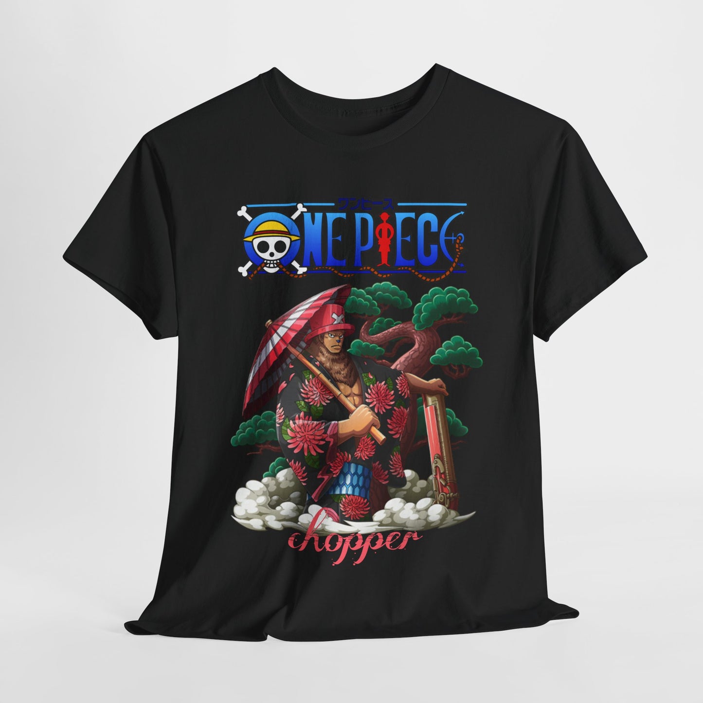 Exclusive black men's t-shirt showcasing a vibrant illustration of Chopper from One Piece, featuring a traditional Japanese design with a striking red umbrella, complemented by lush green trees and white clouds.
